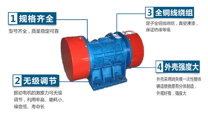 VB振動(dòng)電機(jī)特點(diǎn)：1，規(guī)格齊全：型號(hào)齊全，質(zhì)量穩(wěn)定可靠。2，無極調(diào)節(jié)：振動(dòng)電機(jī)的激振力可無極調(diào)節(jié)，利用率高，能耗小，噪音低，壽命長。4，外殼輕度大：外殼采用消失模一次性整體鑄造替換原有分體制造，外觀好看，強(qiáng)度大。